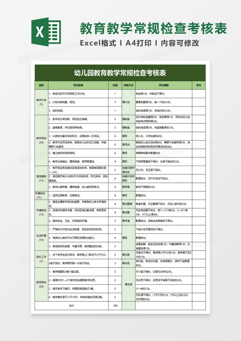 幼儿园教育教学常规检查考核表excel模板