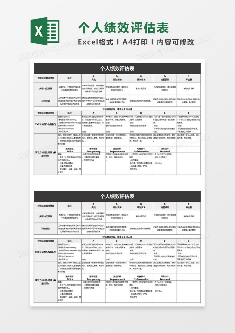 个人绩效评估表excel模板