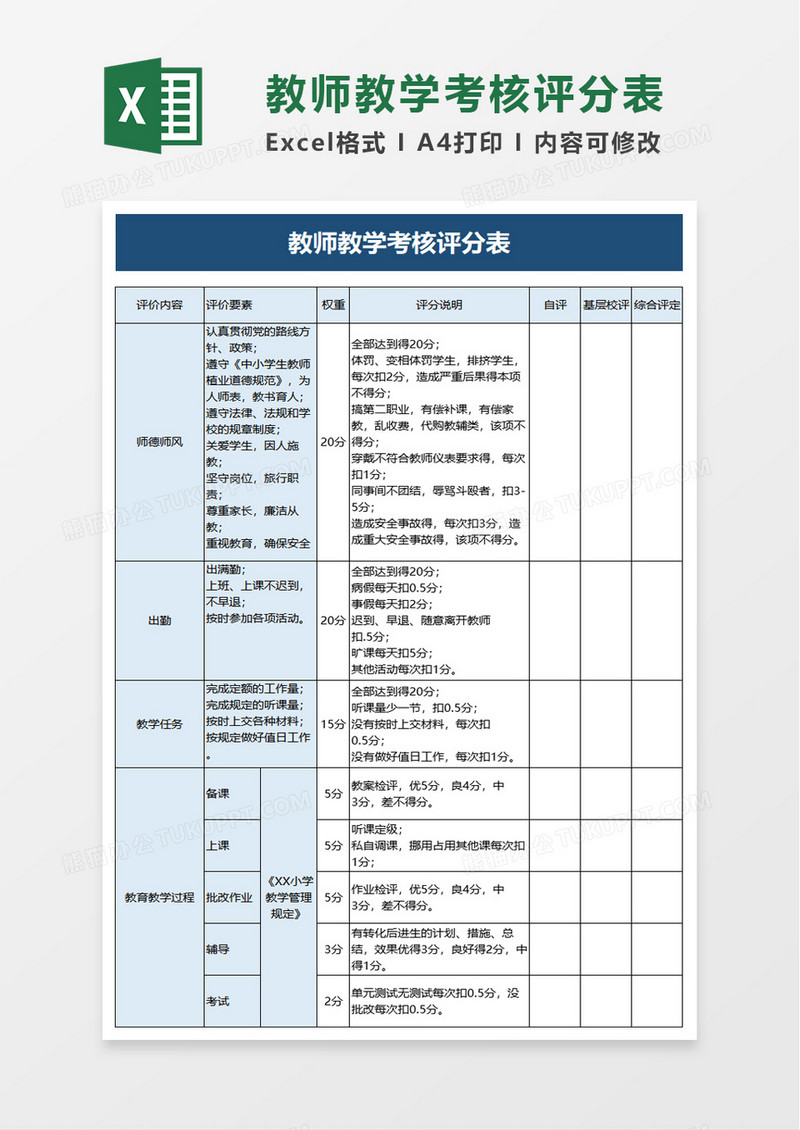 教师教学考核评分表excel模板