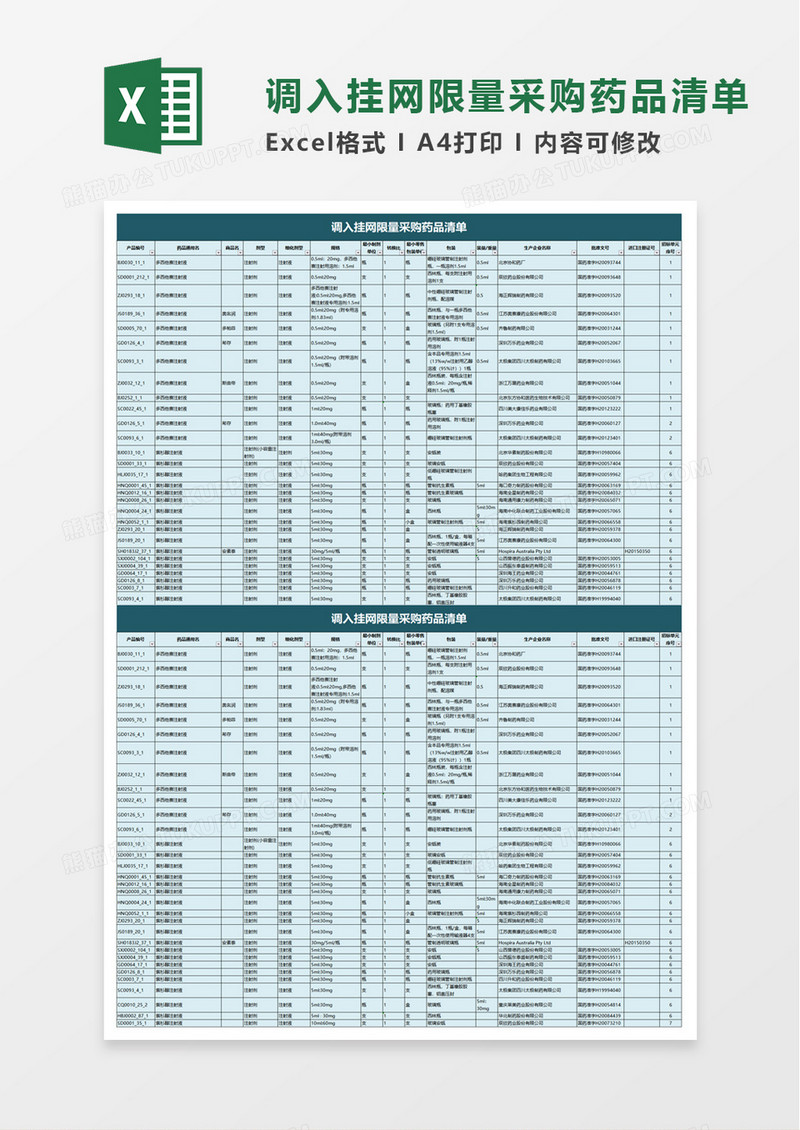调入挂网限量采购药品清单excel模板