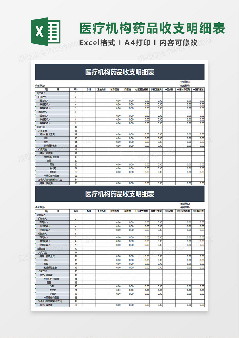 简洁医疗机构药品收支明细表excel模板