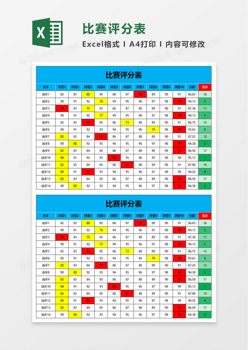 比赛评分表excel模板