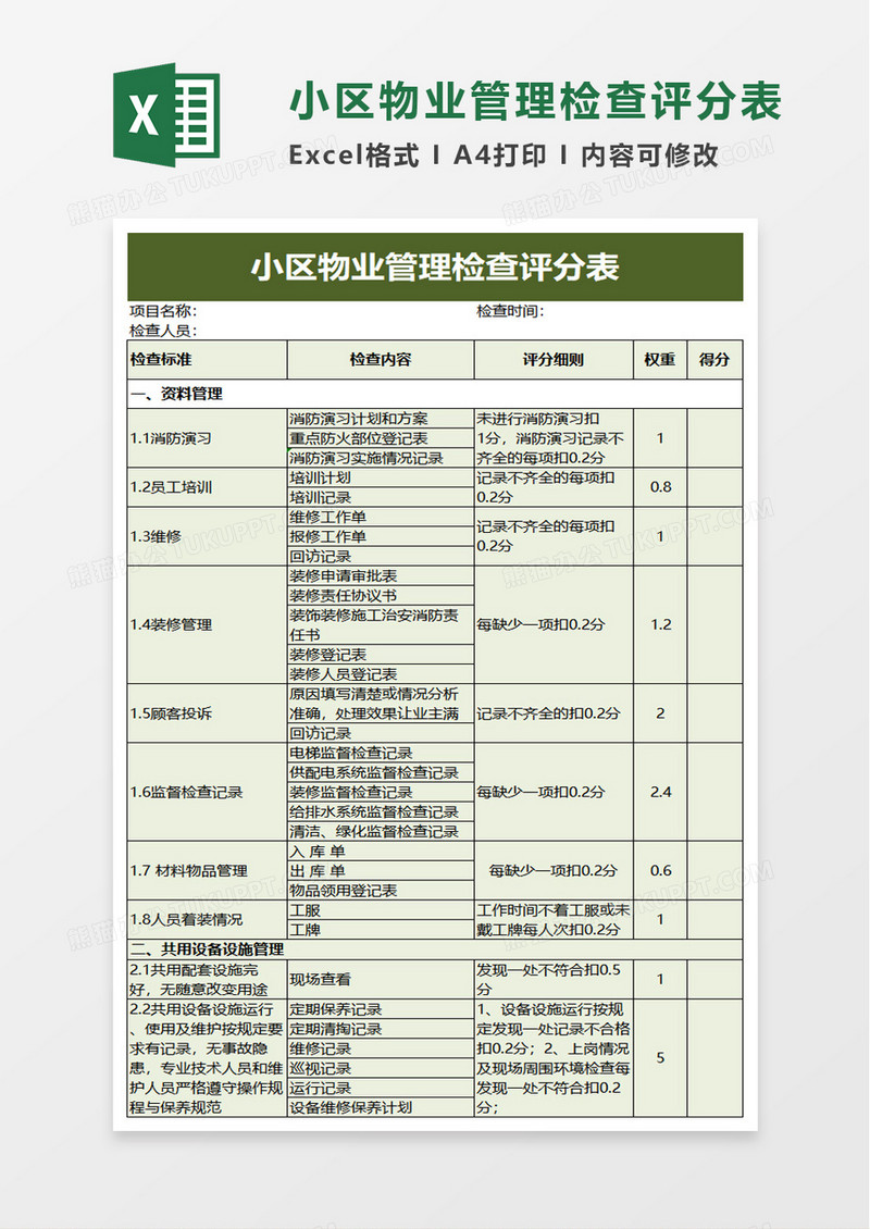 简洁小区物业管理检查评分表excel模板