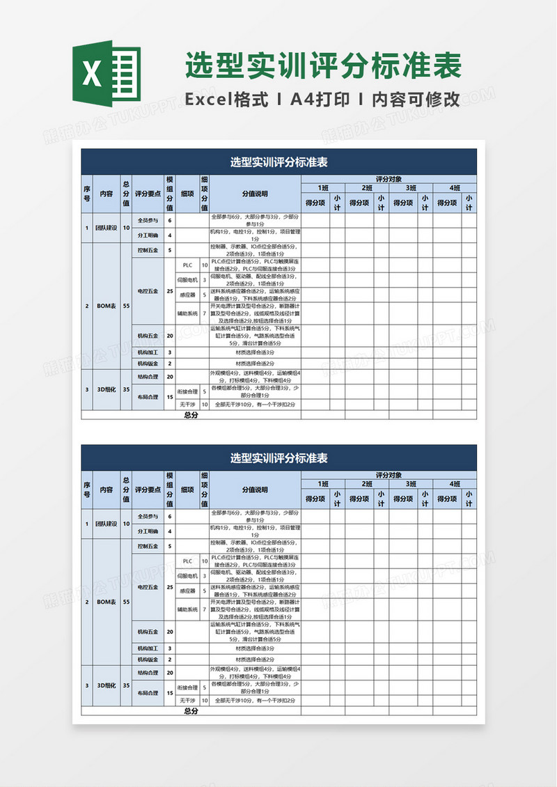 选型实训评分标准表excel模板
