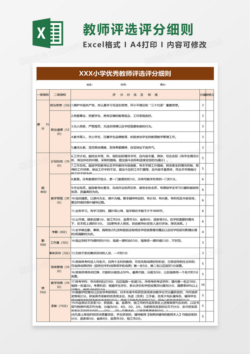 小学优秀教师评选评分细则excel模板