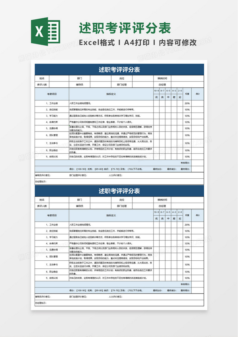 述职考评评分表excel模板