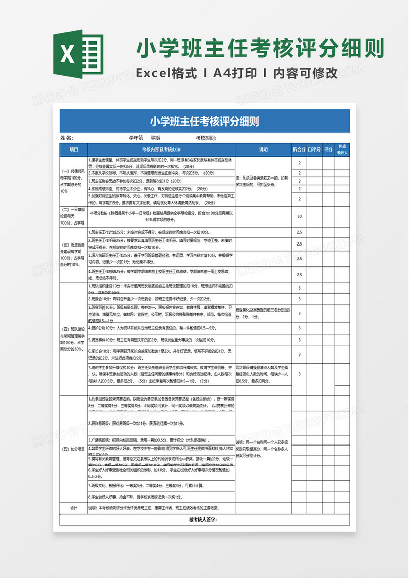 小学班主任考核评分细则excel模板