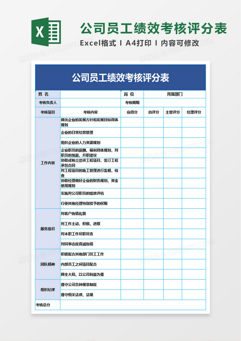 公司员工绩效考核评分表EXCEL模板