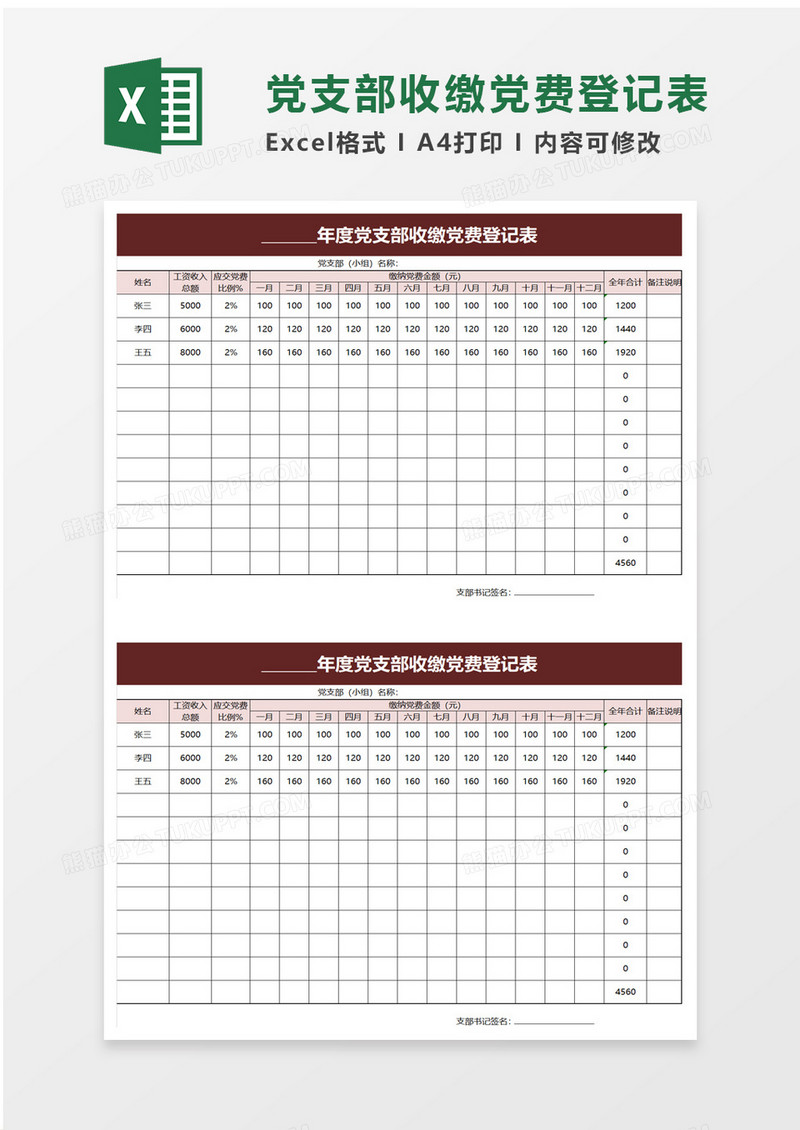 年度党支部收缴党费登记表excel模板