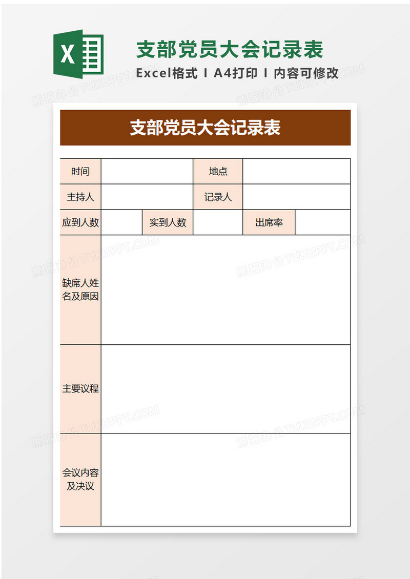 支部党员大会记录表excel模板