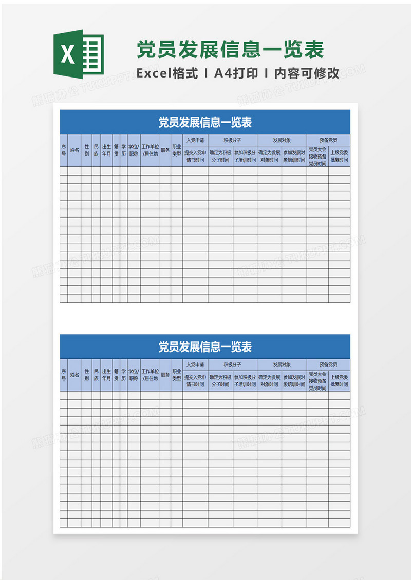 党员发展信息一览表excel模板