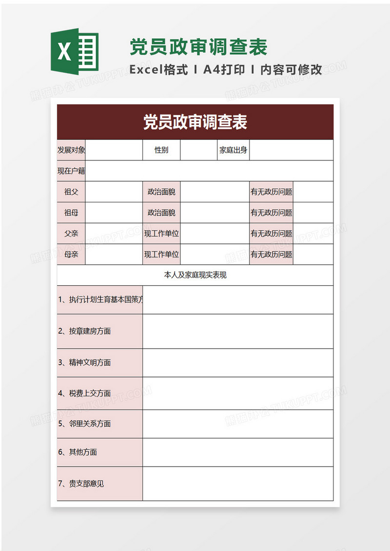 党员政审调查表excel模板