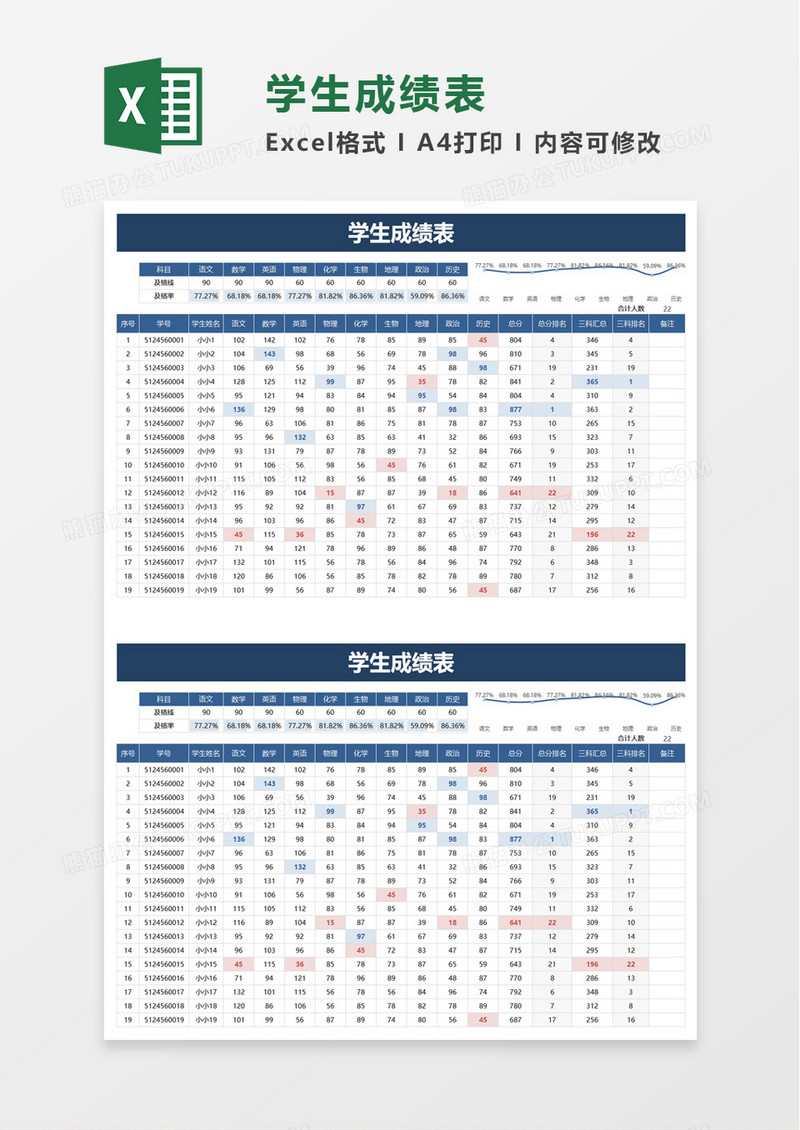 简洁学校学生成绩表格excel模板