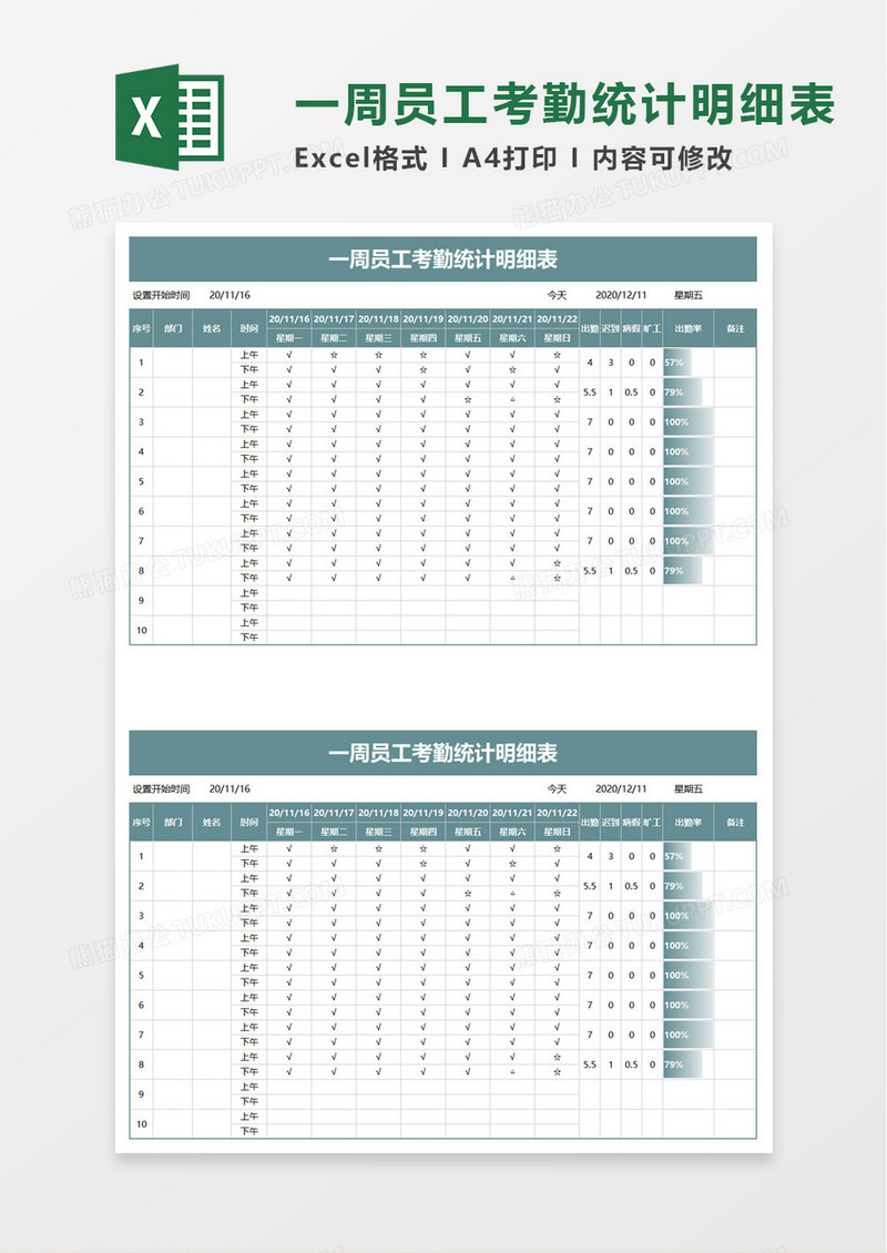 一周员工考勤统计明细表excel模板