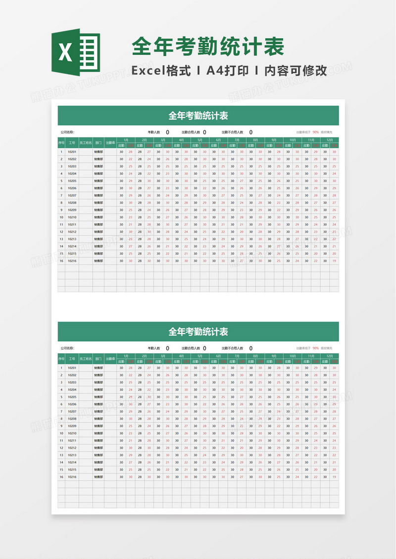 全年考勤统计表excel模板