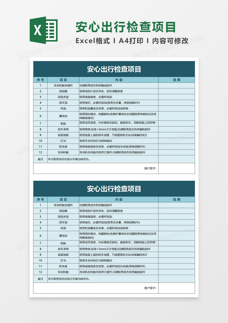 安心出行检查项目excel模板