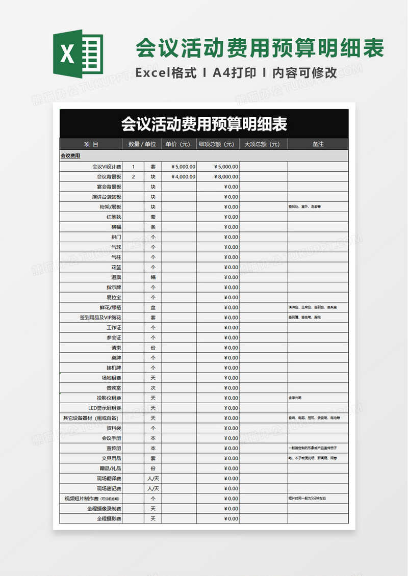 会议活动费用预算明细表excel模板