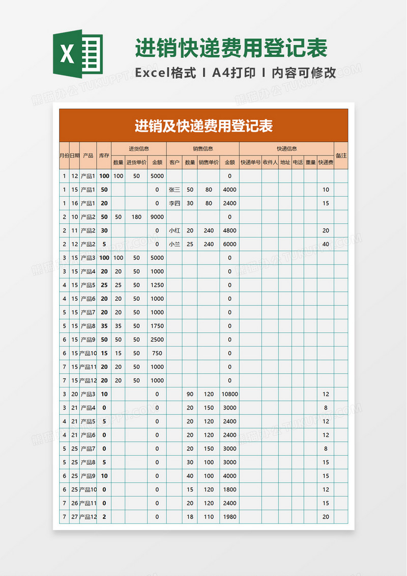 进销及快递费用登记表excel模板