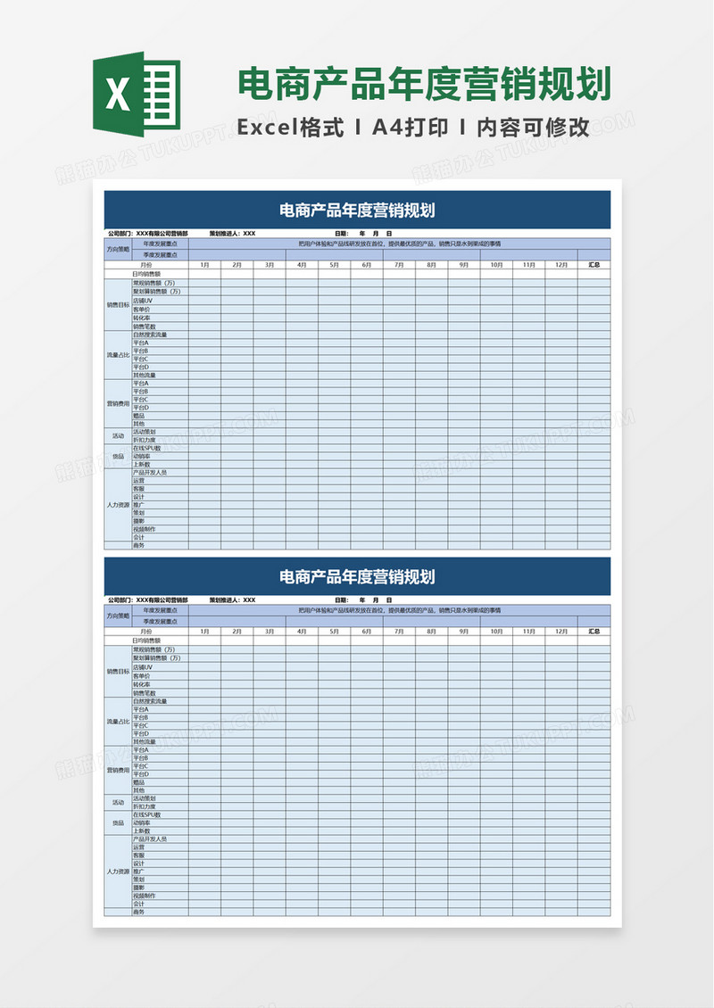 电商产品年度营销规划excel模板