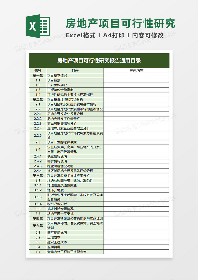 房地产项目可行性研究报告通用目录excel模板