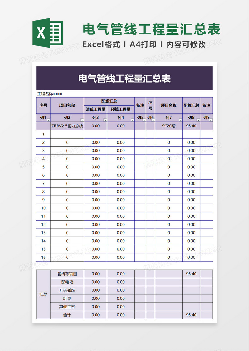 电气管线工程量汇总表excel模板