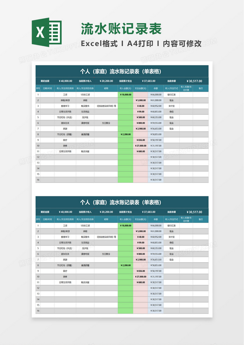 流水账记录表excel模板