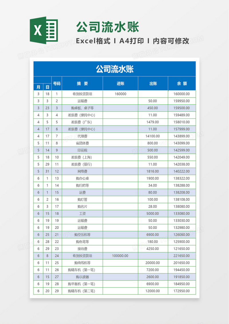 公司流水账excel模板