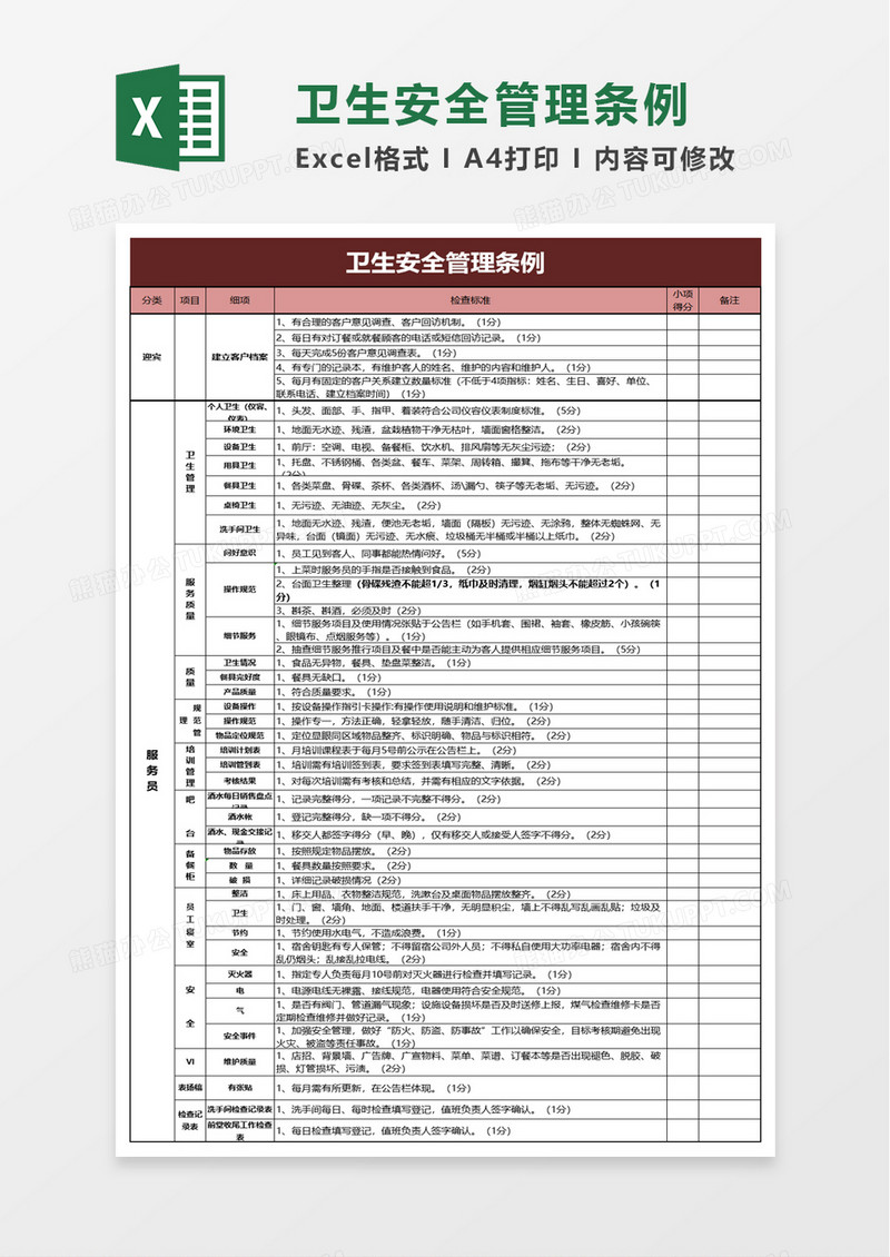 卫生安全管理条例excel模板