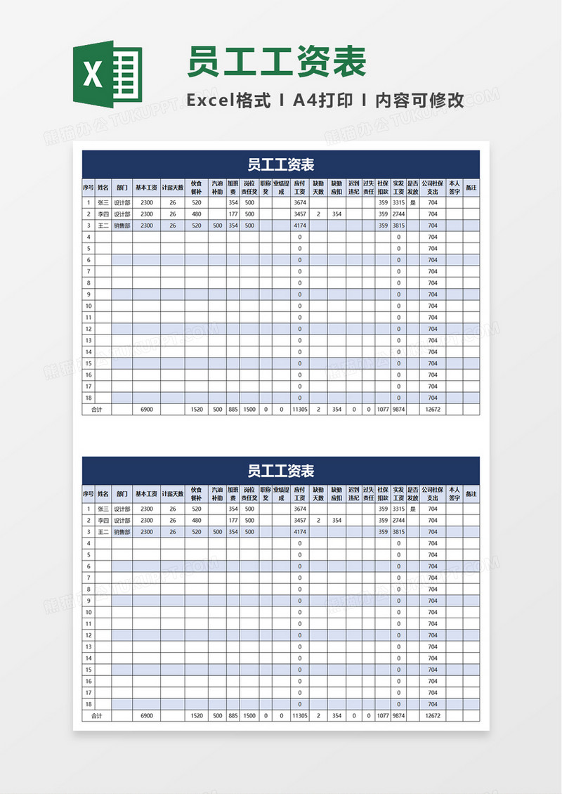 财务人事员工工资表excel模板