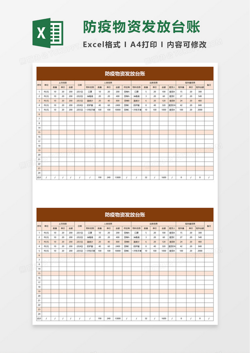 防疫物资发放台账excel模板