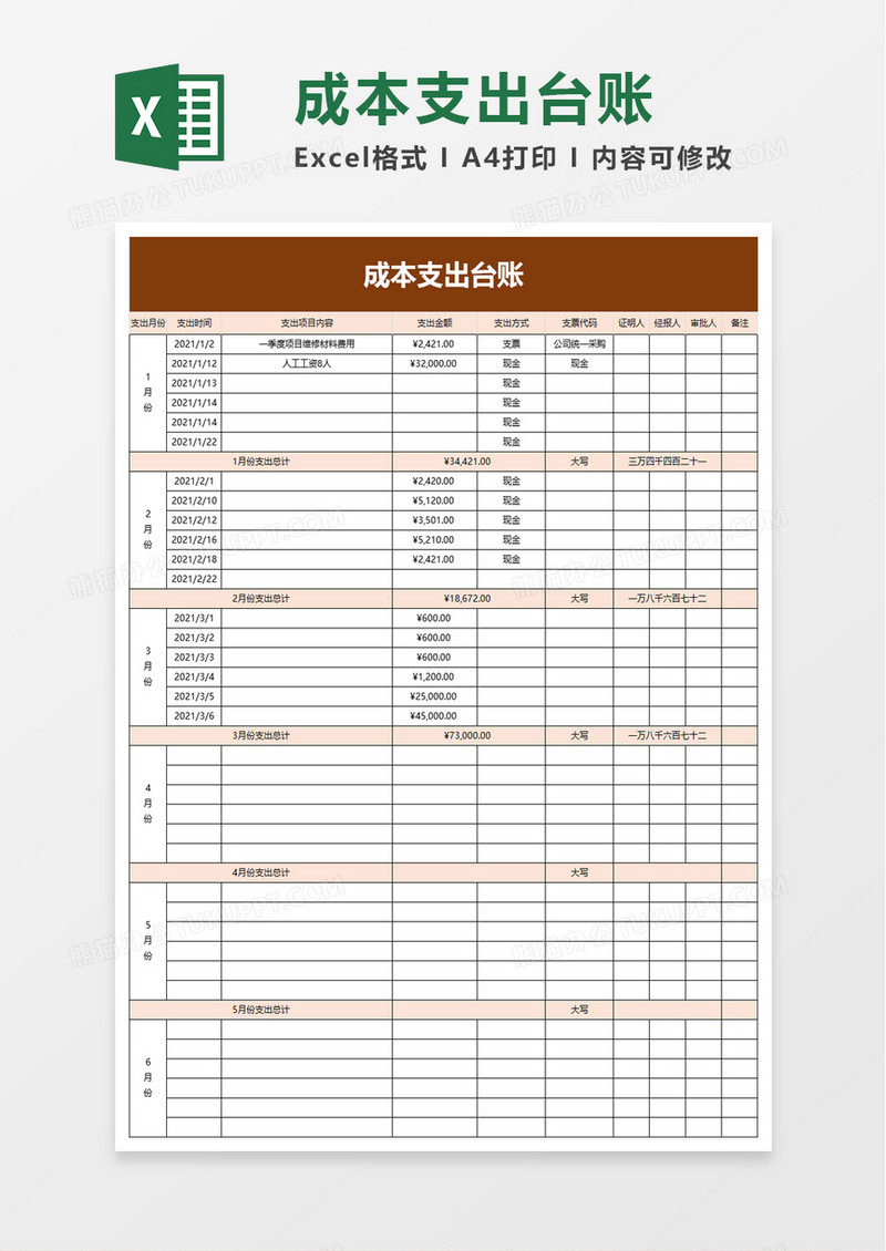 成本支出台账excel模板