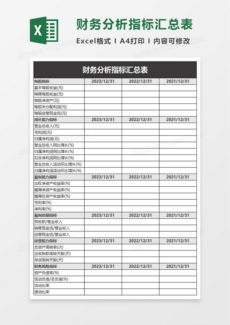 财务分析指标汇总表excel模板