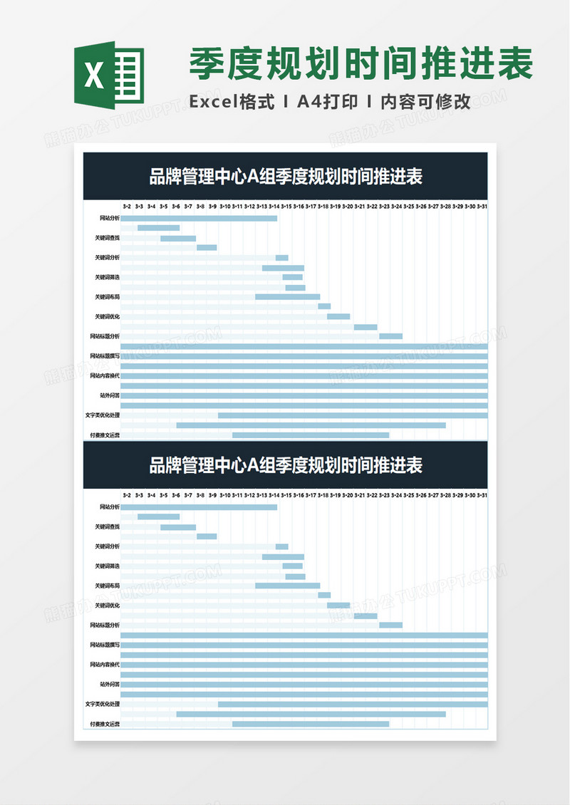 品牌管理中心A组季度规划时间推进表excel模板