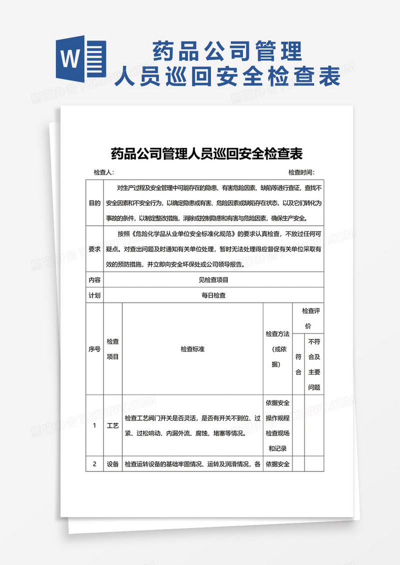 药品公司管理人员巡回安全检查表word模板