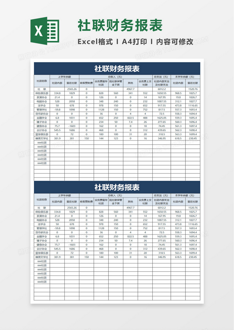 社联财务报表excel模板