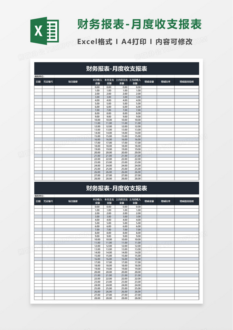 财务报表月度收支报表excel模板