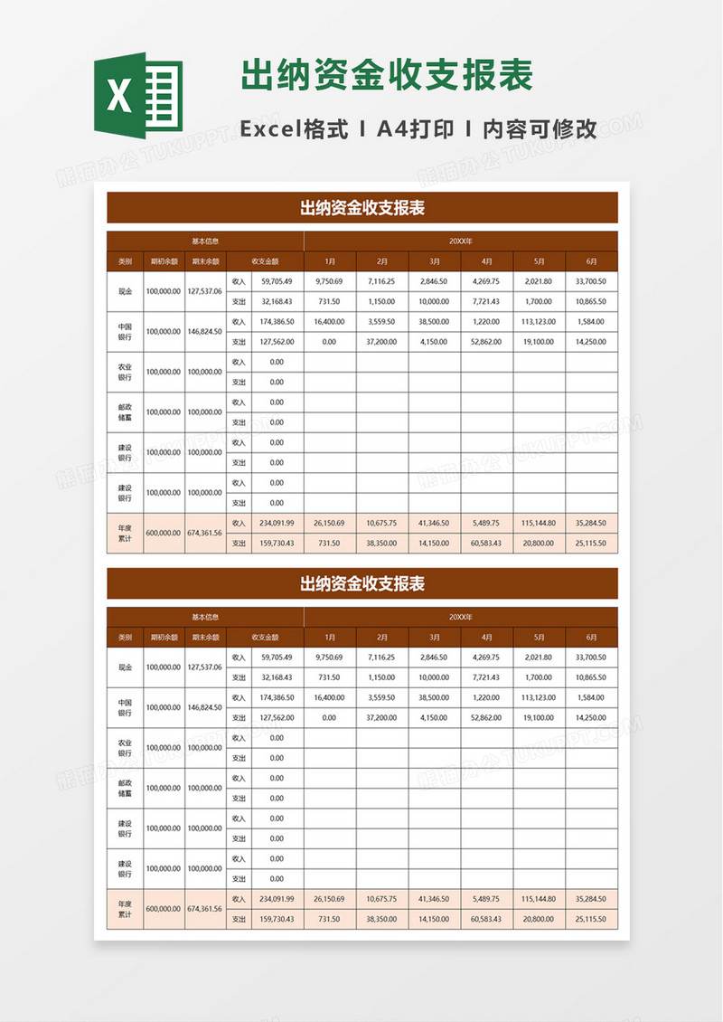 出纳资金收支报表excel模板