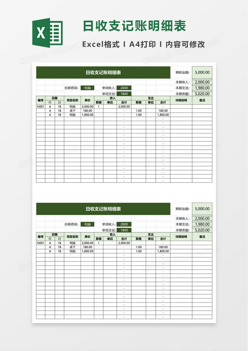 日收支记账明细表excel模板