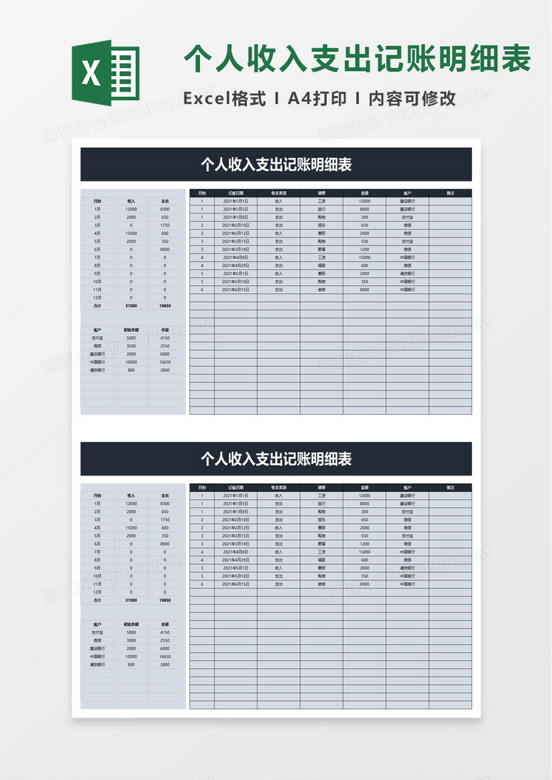 个人收入支出记账明细表excel模板