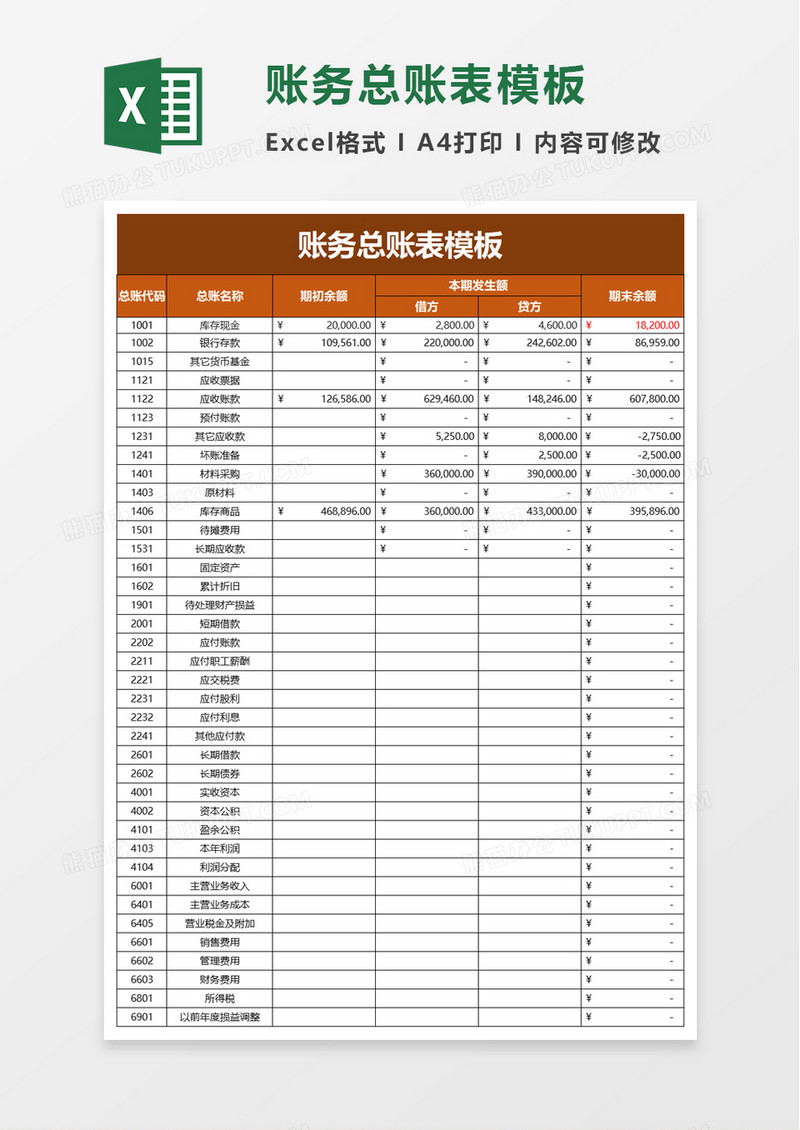 简约账务总账表模板excel模板