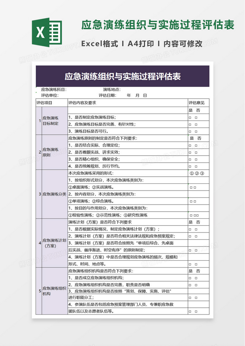 应急演练组织与实施过程评估表excel模板