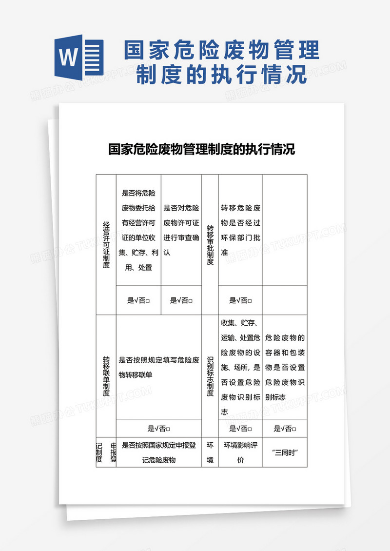 国家危险废物管理制度的执行情况word模板