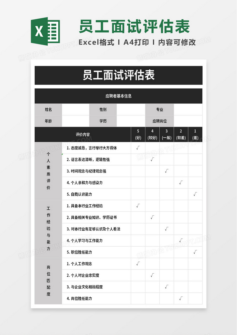 员工面试评估表excel模板