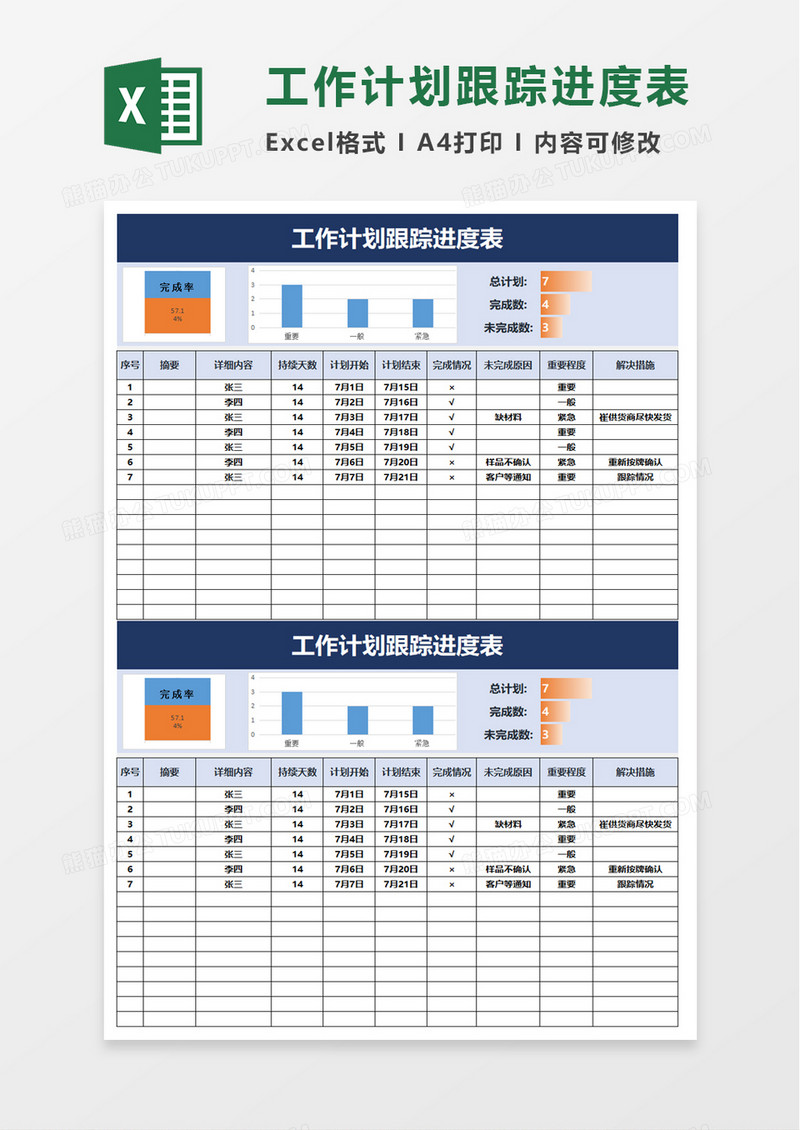 工作计划跟踪进度表excel模板