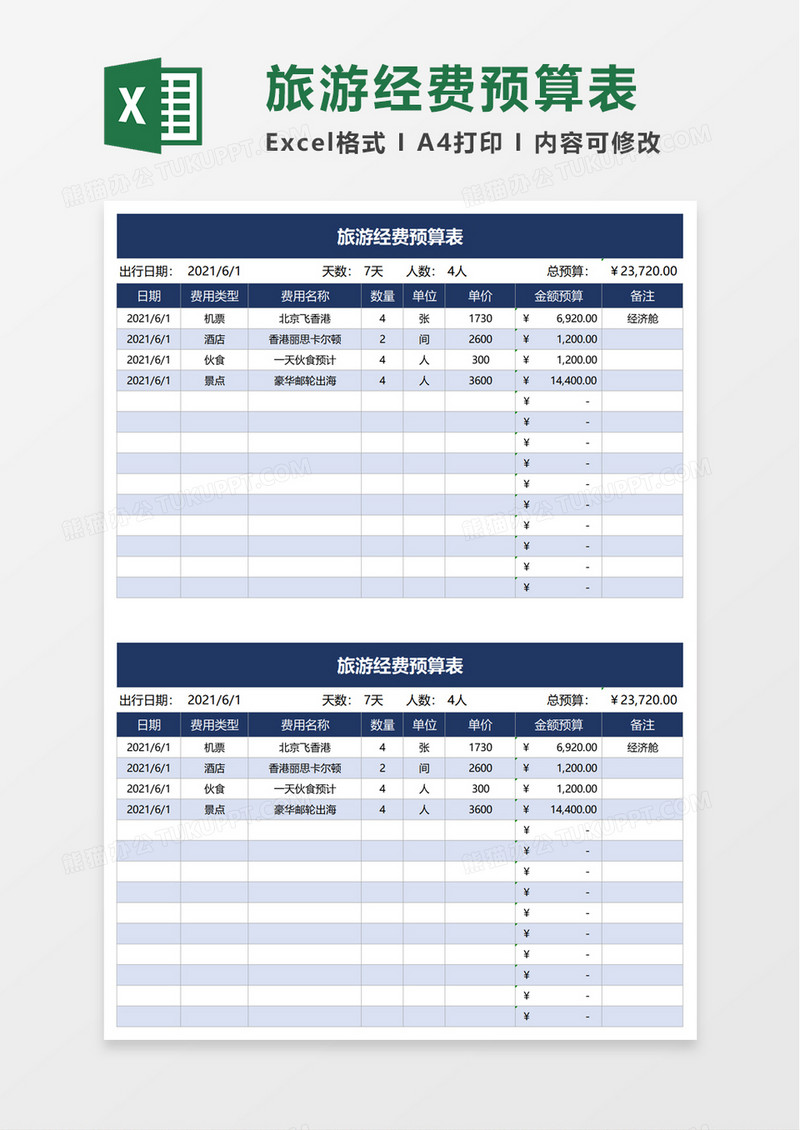 旅游经费预算表excel模板