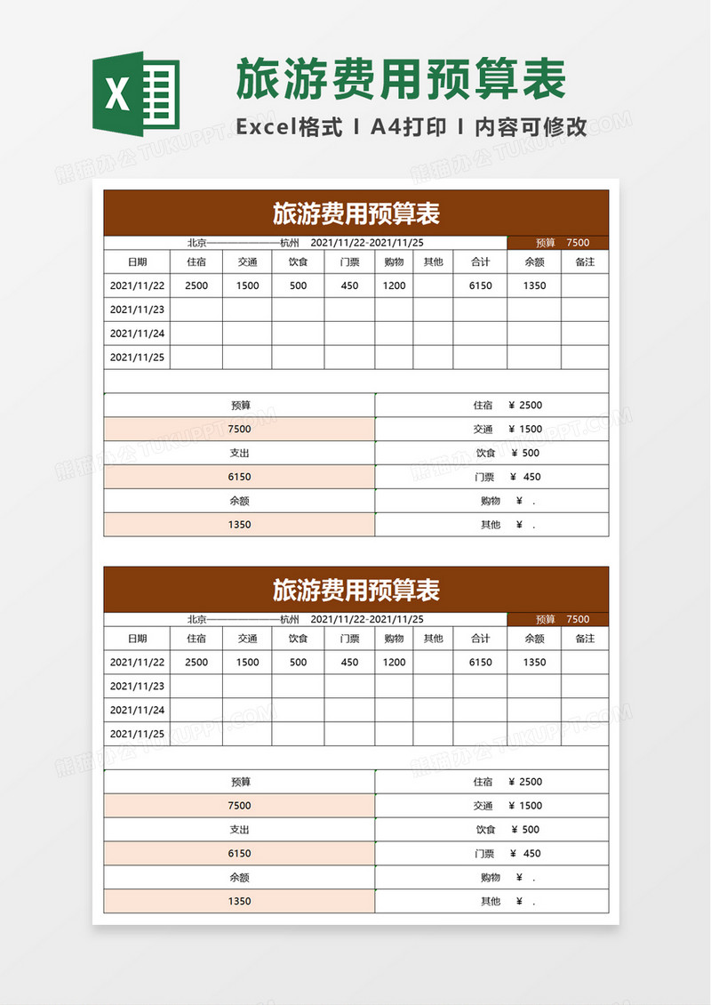 简洁旅游费用预算表excel模板