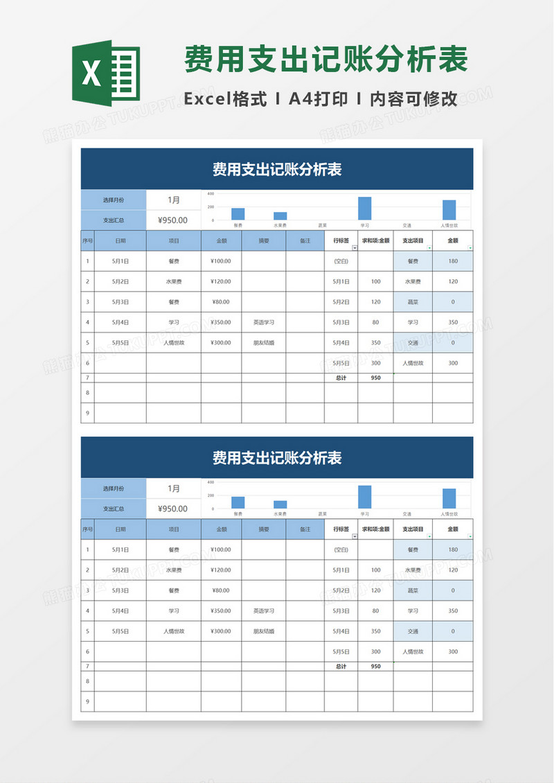 费用支出记账分析表excel模板