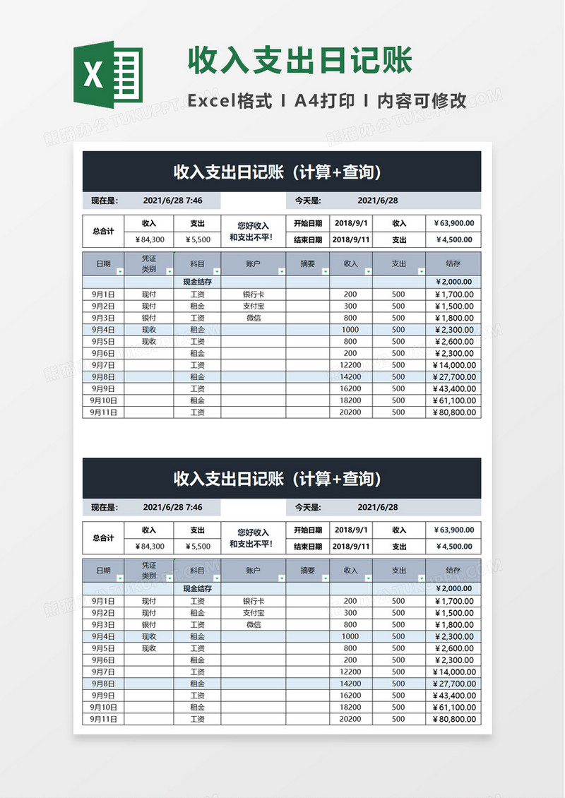 实用收入支出日记账excel模板