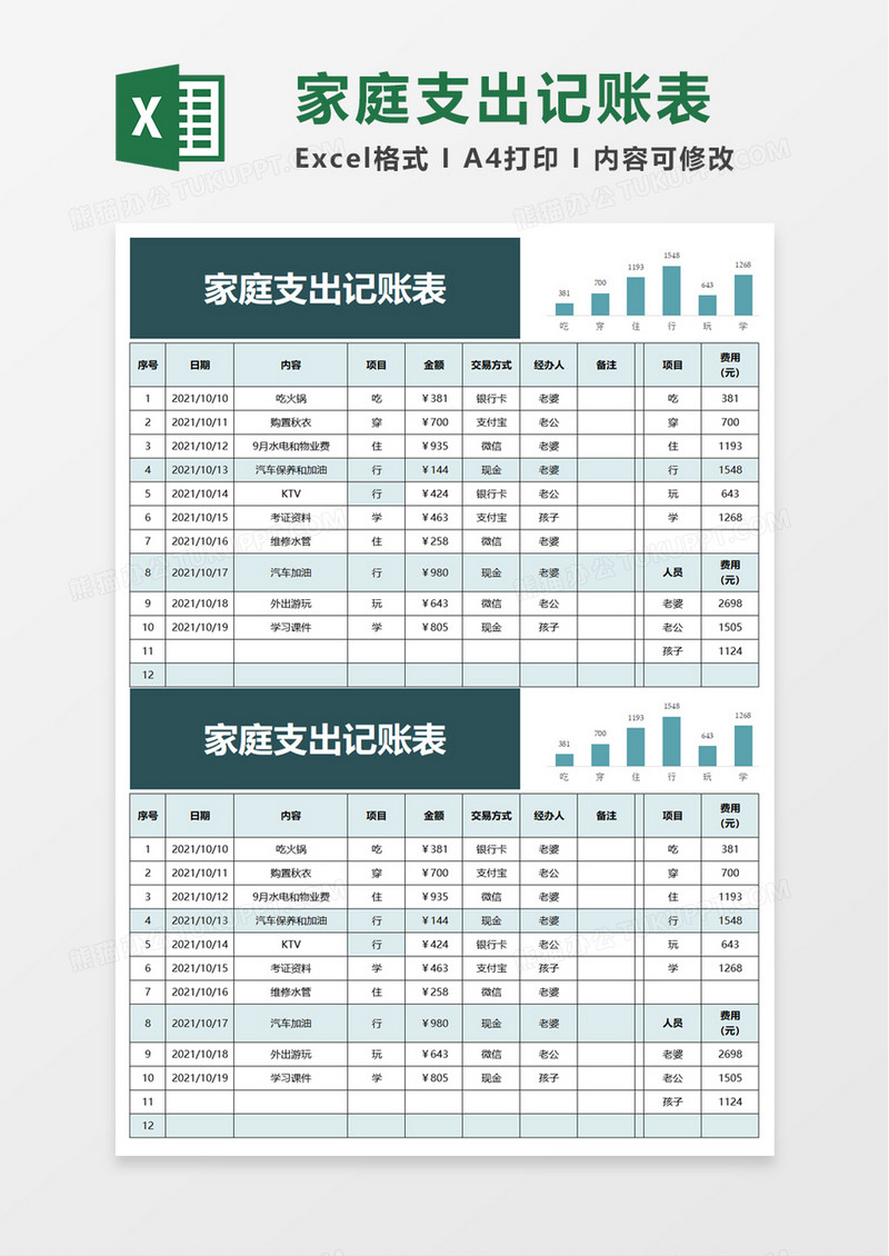 简洁家庭支出记账表excel模板