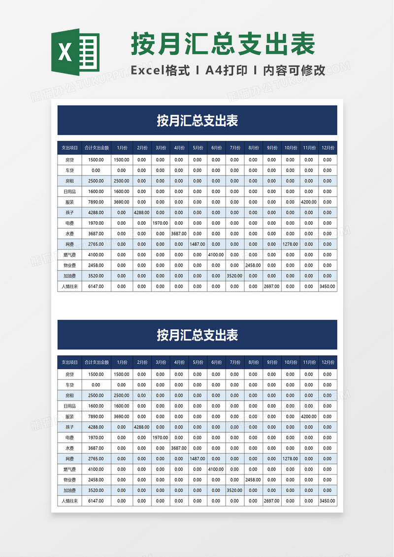 按月汇总支出表excel模板